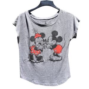 Disney Parks Glitter MICKEY AND MINNIE Mouse Flirting Gray Womens Shirt Small